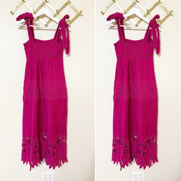 Farm Rio Daisy Cutwork Embroidered Sleeveless Tie Strap Pink Midi Dress size XS - Picture 13 of 13
